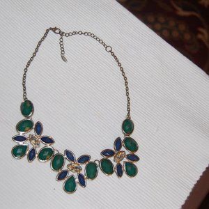 VCLM Gold Tone Statement Necklace W/ 3 Green/Blue Flowers  W/ Crystal Centers